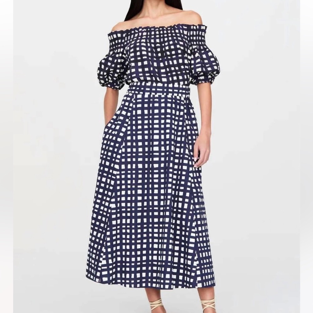 Marie Oliver Navy and White Gingham Maxi Skirt + Off The Shoulder Top Set